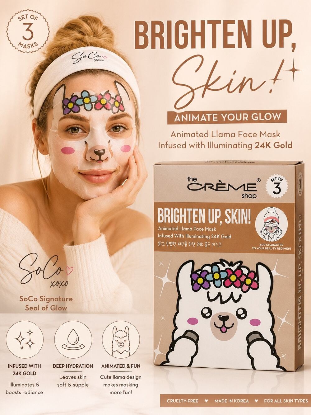 The Crème Shop Brighten Up Skin Llama Sheet Mask Set of 3 24K Gold K-Beauty